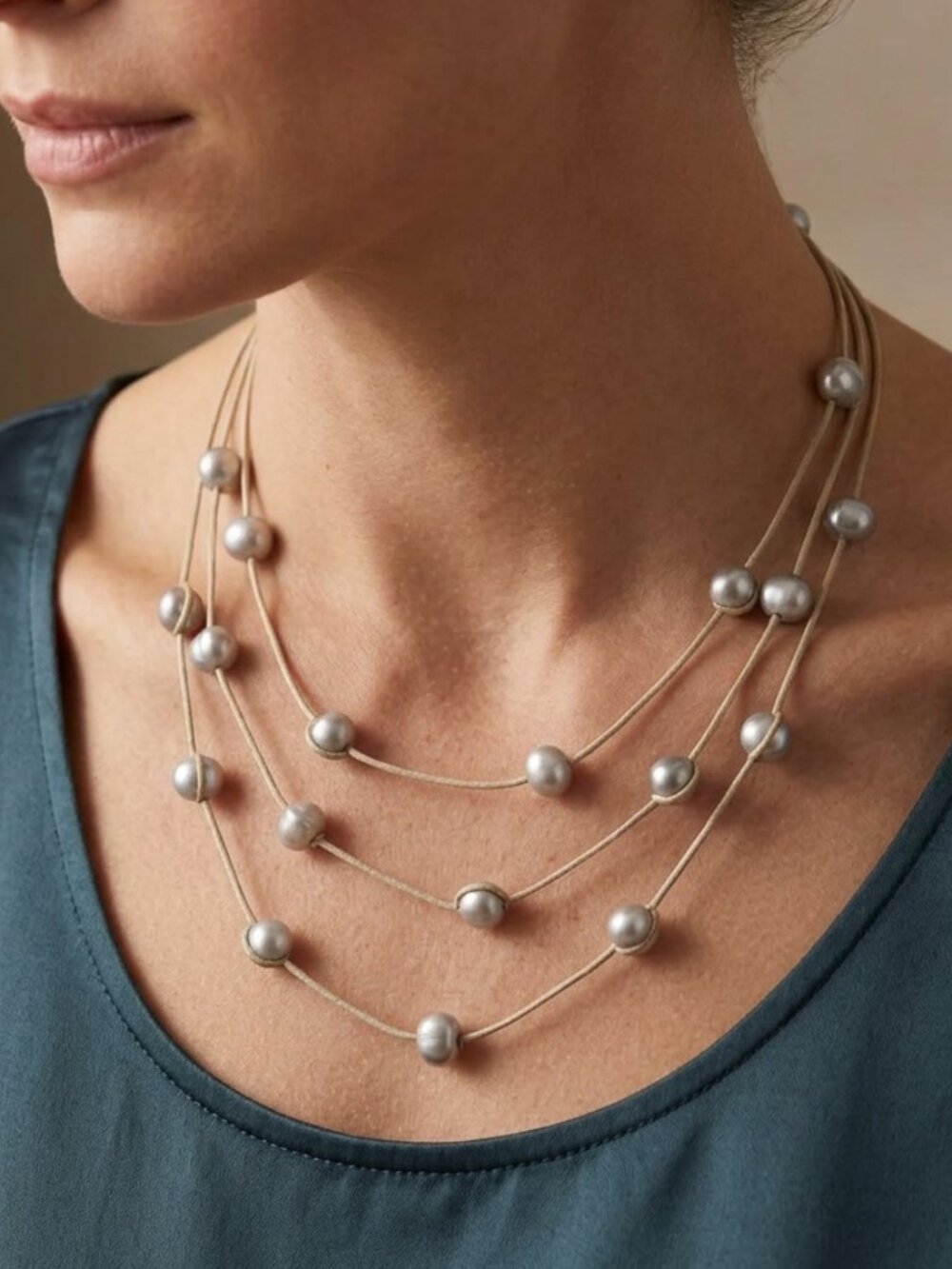 Beautiful 3 Strand Silver/blue Pearl Necklace